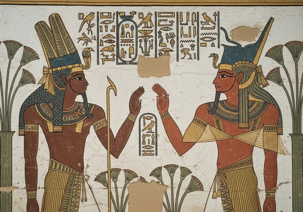 nubian king and egyptian pharaoh mural, ancient africa, hieroglyphs, cultural connection