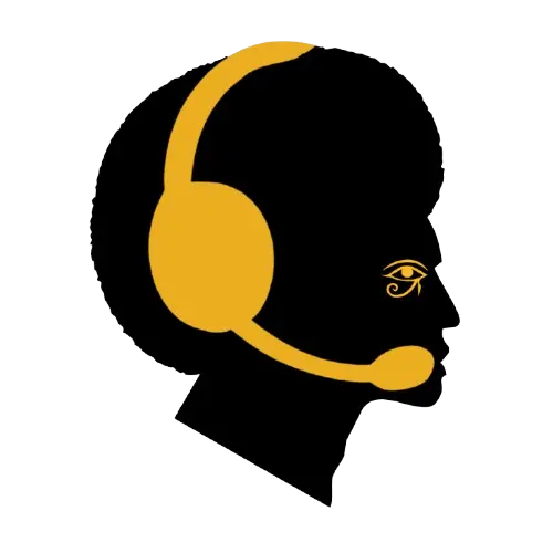 An Afro (African American) Male illustration having the golden eye of Horus as his eye representing the staff of Royal Black Tours Customer Support
